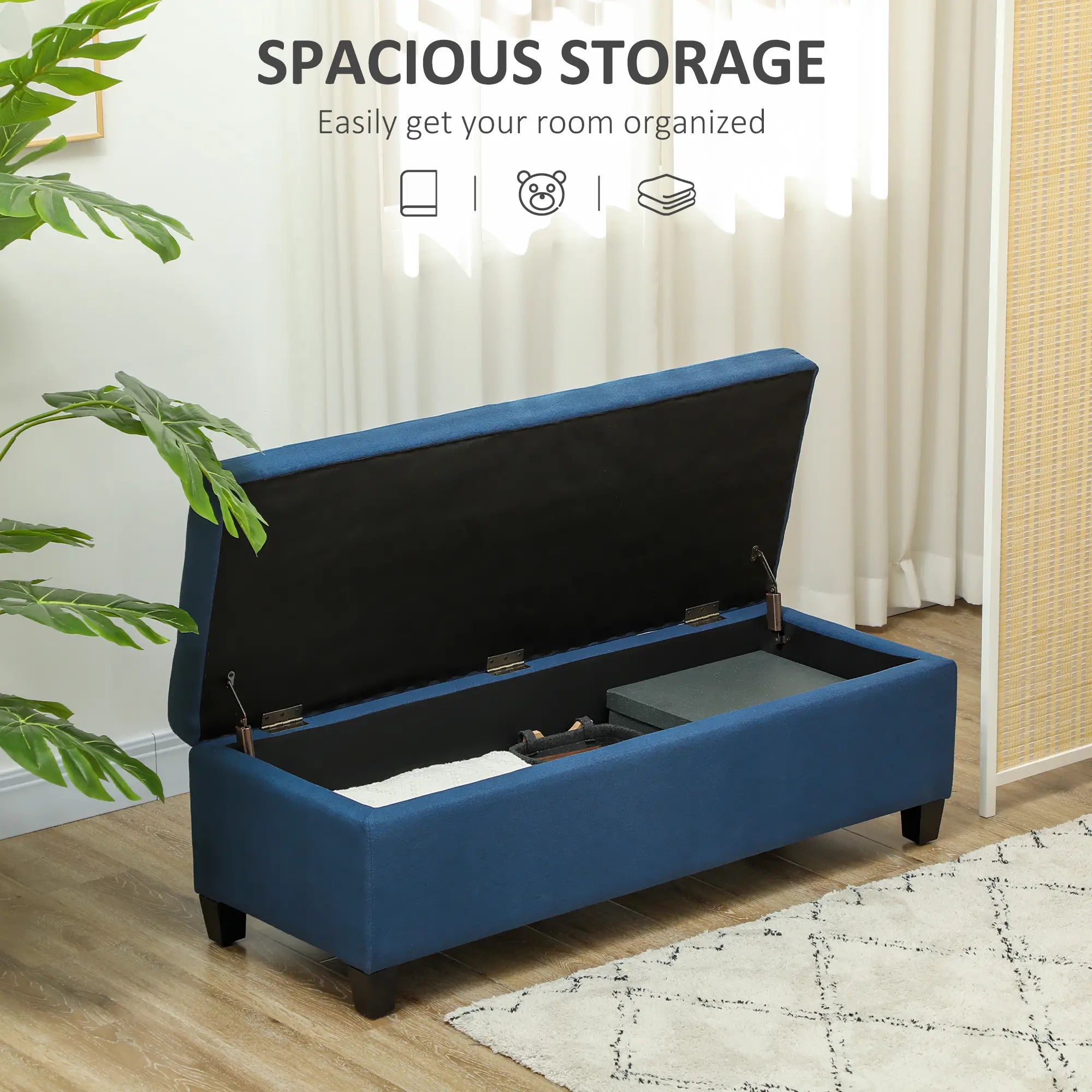 Rectangular Entry Bench, Tufted Upholstered Linen, Wood Feet, Blue Storage Ottomans & Benches at Gallery Canada