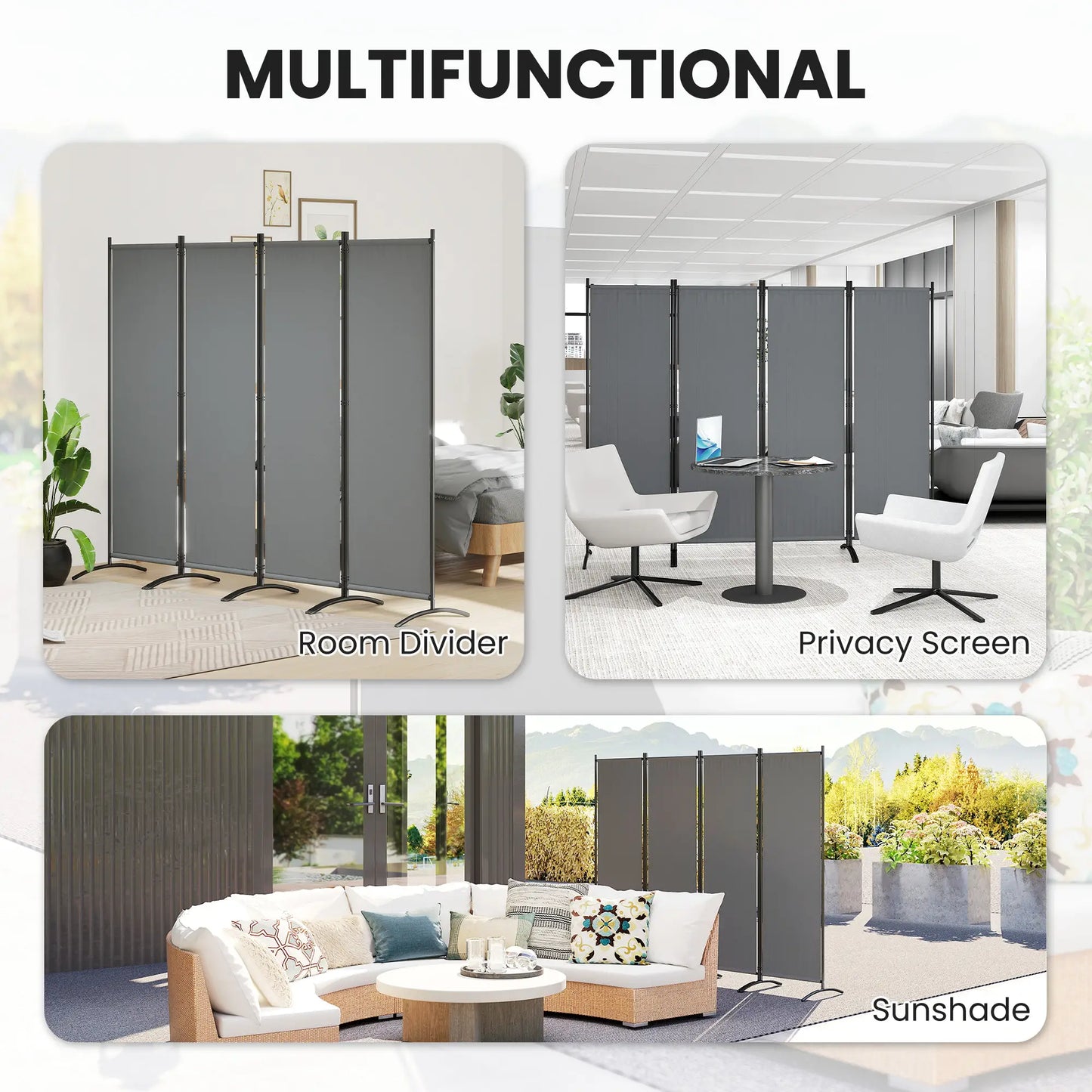 Folding Room Divider, Privacy Screen, 5.6FT Tall, Dark Grey Side Awnings at Gallery Canada