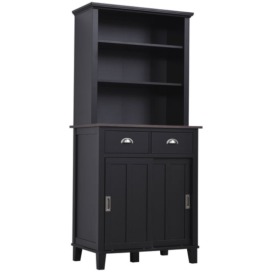 66.5" Freestanding Kitchen Pantry Cabinet, Buffet with Hutch, Sliding Doors and Adjustable Shelves, Black