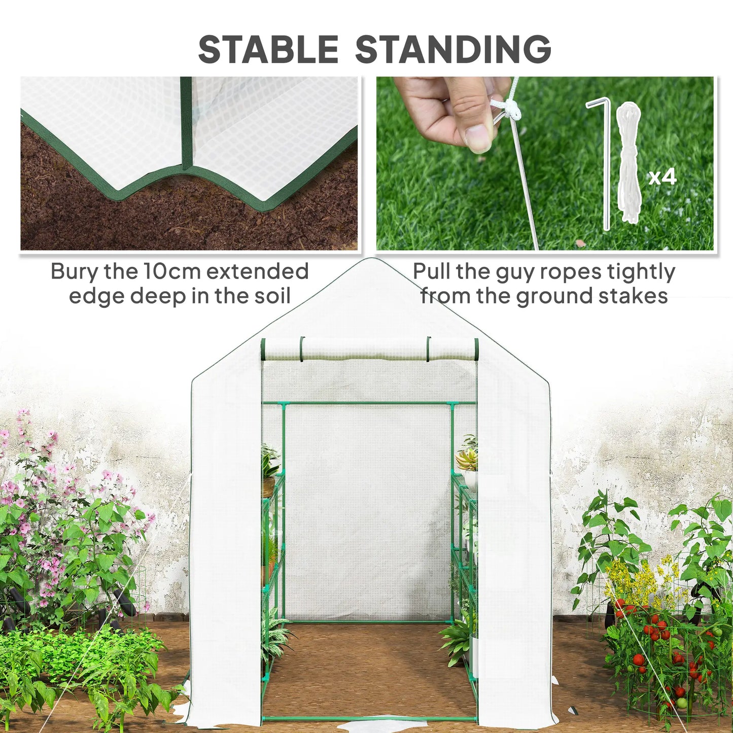 Walk-In Greenhouse, 3 Tier, Roll-Up Door, Mesh Windows, 140 x 213 x 190 cm, White