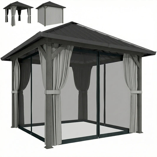 10' X 10' Hardtop Gazebo With Steel Roof, Netting & Curtains, Steel Gazebos Dark Grey, Light Grey at Gallery Canada