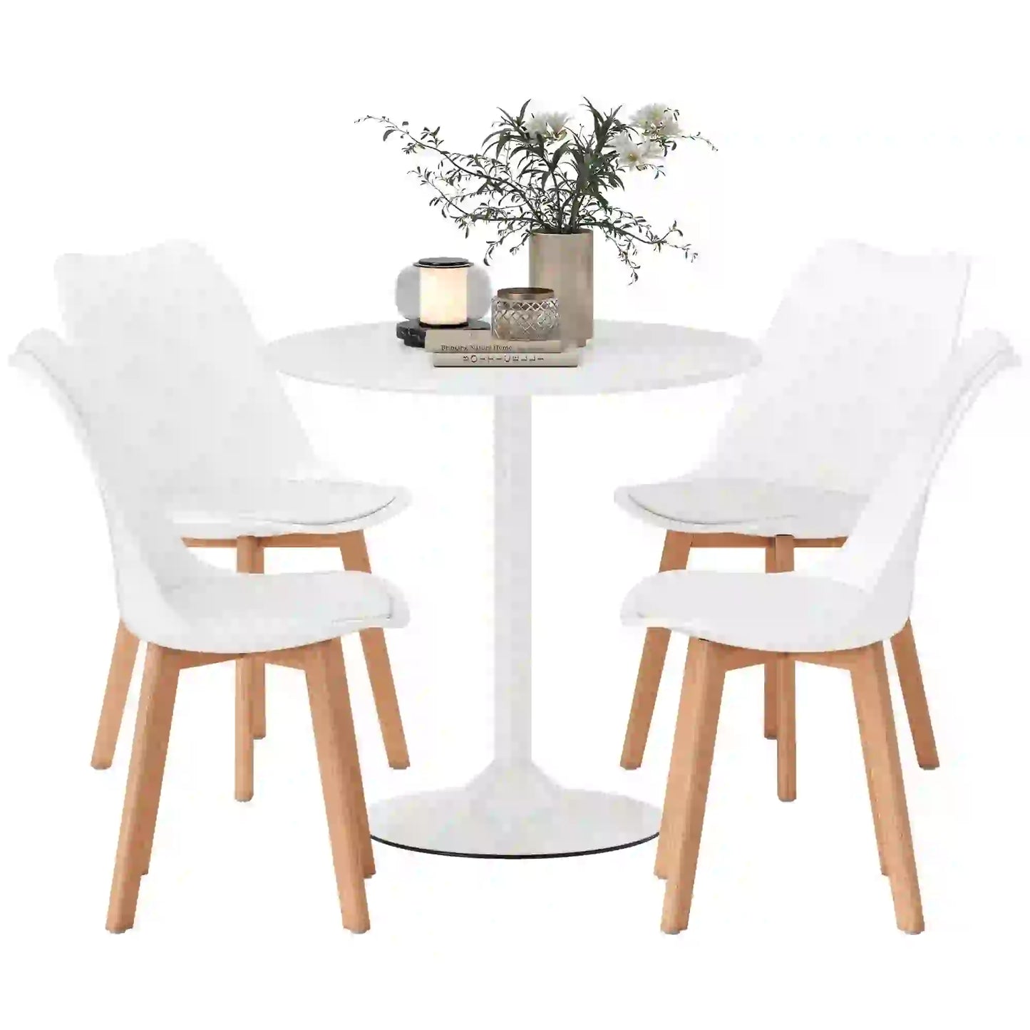Round Dining Table Set for 4, Pedestal Base, PU Padded Seats, White Dining Table Sets at Gallery Canada