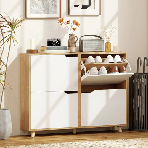 Narrow Shoe Cabinet, 4 Flip Drawers, Adjustable Shelves, Natural
