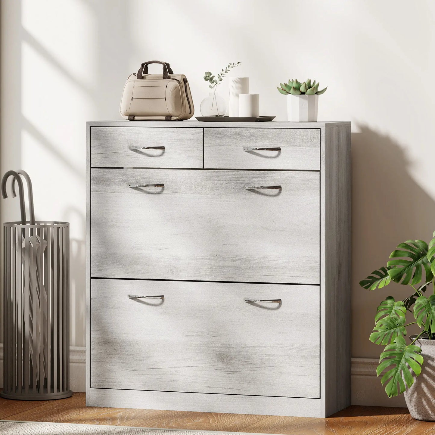 Rangement étroit pour chaussures, 2 tiroirs à rabat, étagères réglables, 12 paires, gris