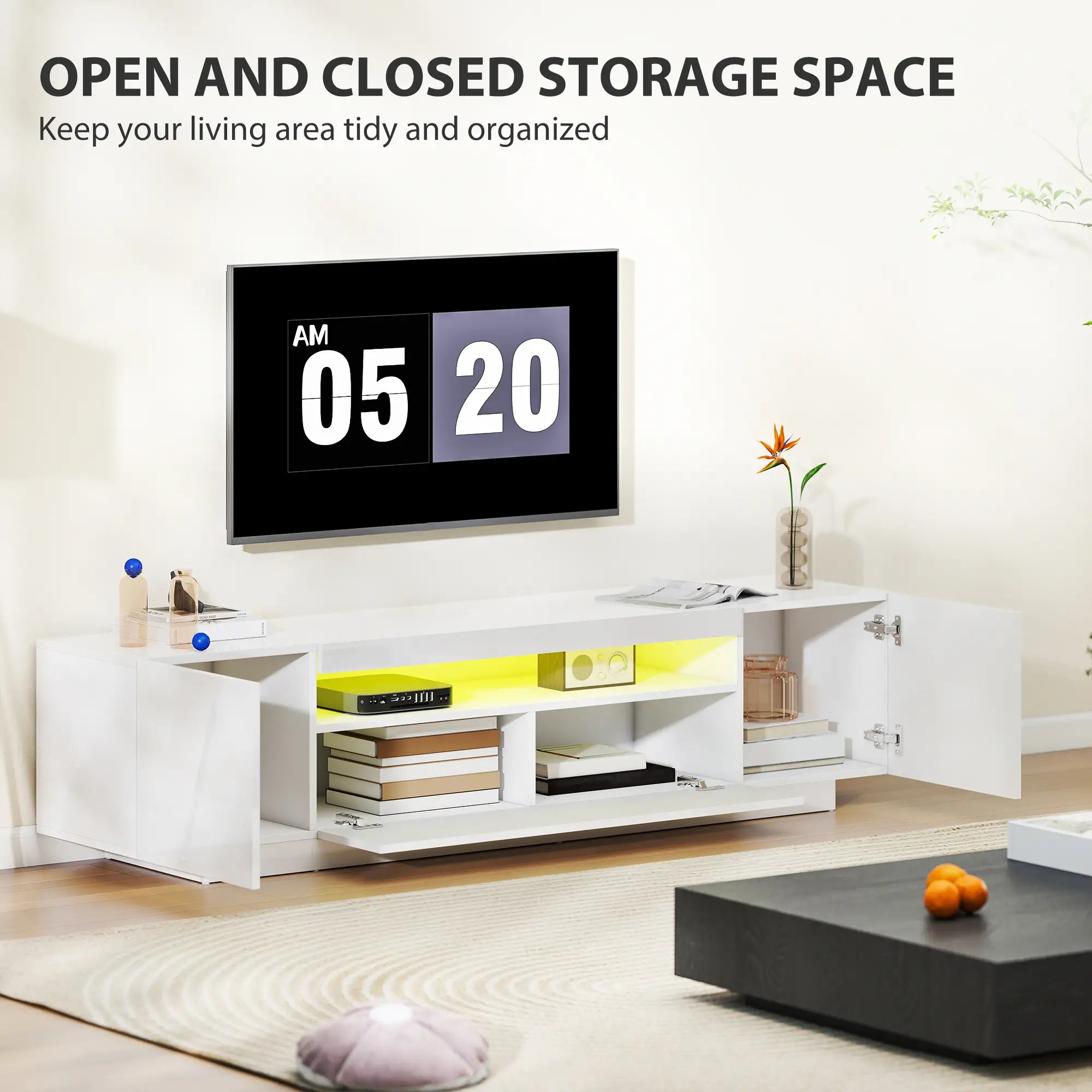 TV Stand for 65-85 Inch TV, RGB LED Lights, White TV Stands at Gallery Canada