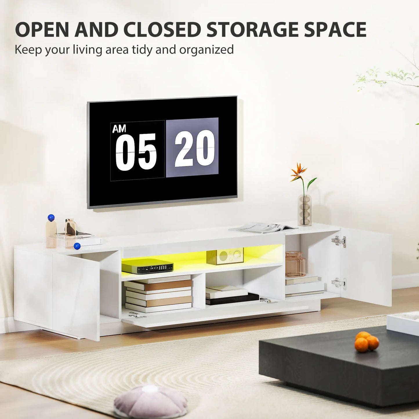 TV Stand for 65-85 Inch TV, RGB LED Lights, White TV Stands at Gallery Canada