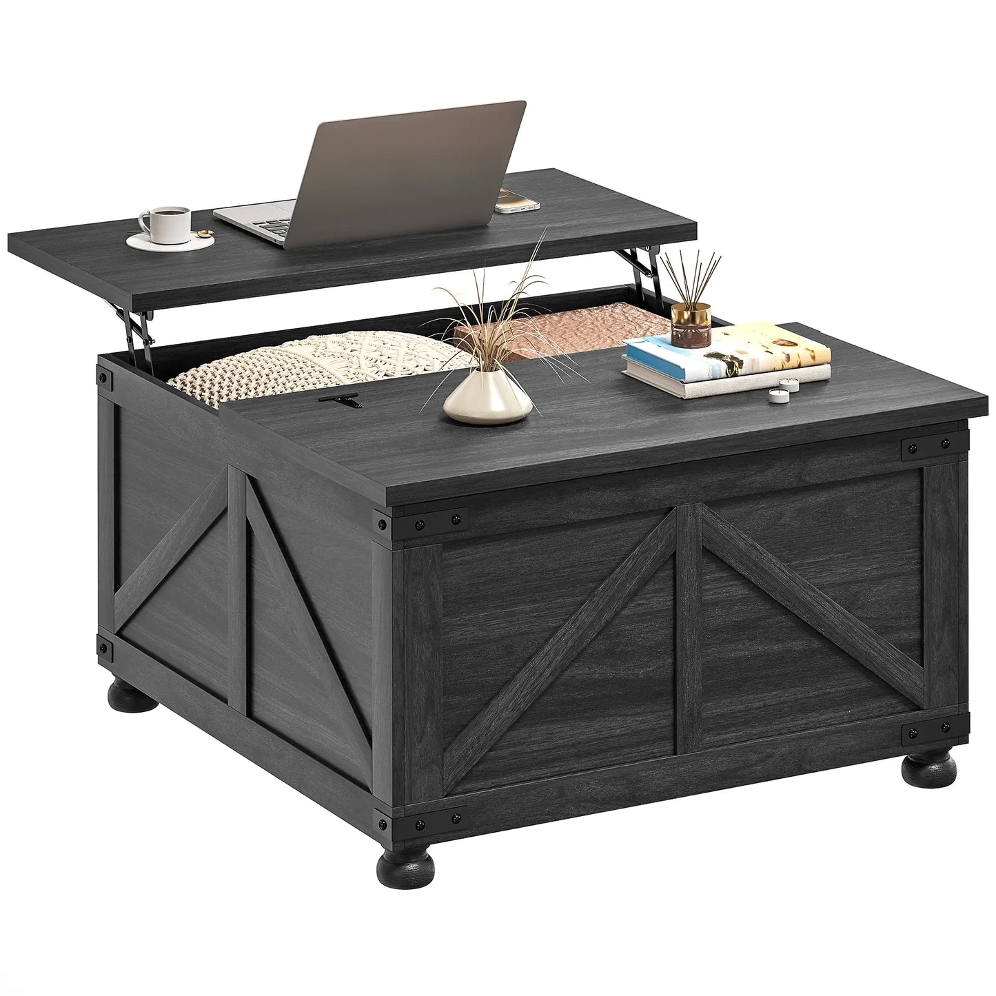 Lift Top Coffee Table, 32" Farmhouse Style, Hidden Compartment, Black Wood Grain, Black