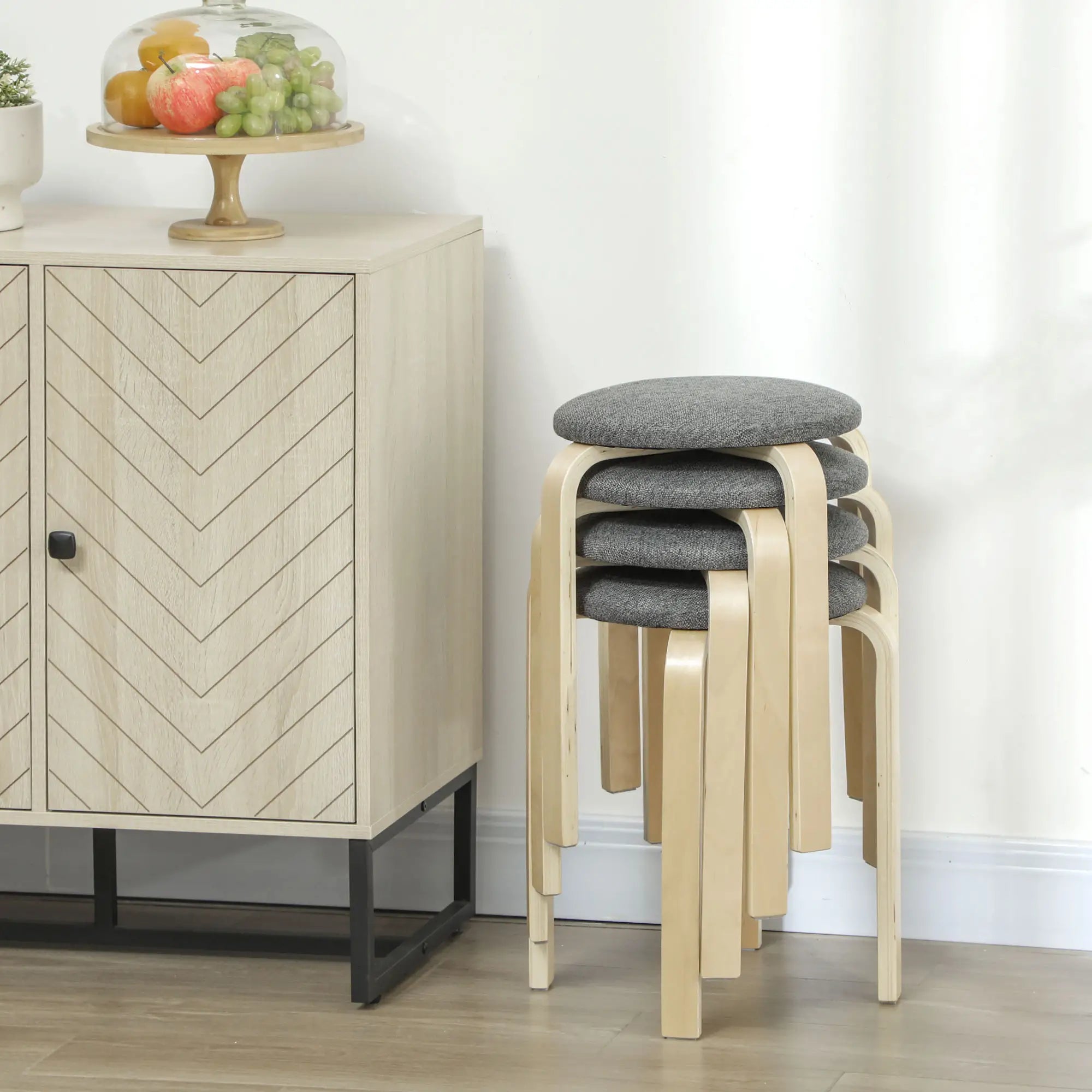 Stackable Wood Stools Set of 4, Padded Seat, Grey Dining Chairs at Gallery Canada