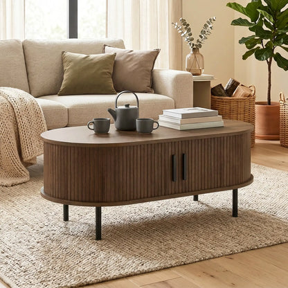 Coffee Table with Sliding Tambour Doors and Storage Center Table with Metal Legs, 39", Brown