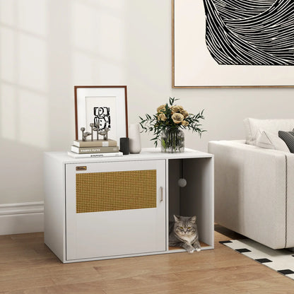 Cat Litter Box Enclosure, End Side Table with Rattan Door, Scratching Pad, White Cat Litter Box Enclosures at Gallery Canada