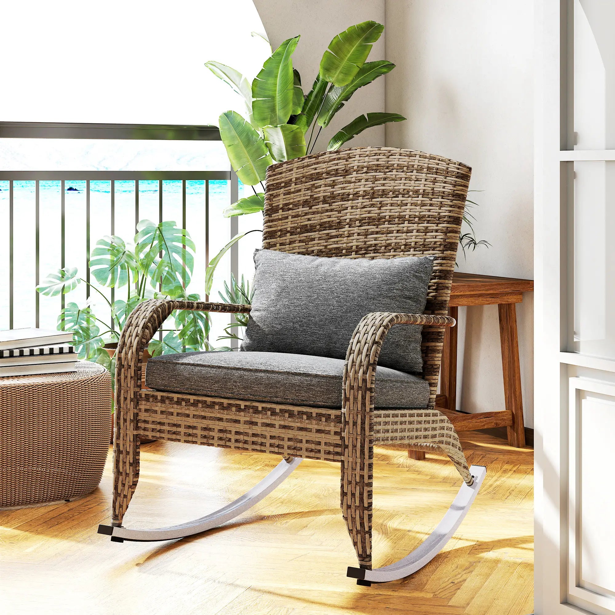 Outdoor Wicker Rocking Chair, High Back, Seat Cushion, Pillow, Grey/Yellow Outdoor Rocking Chairs at Gallery Canada