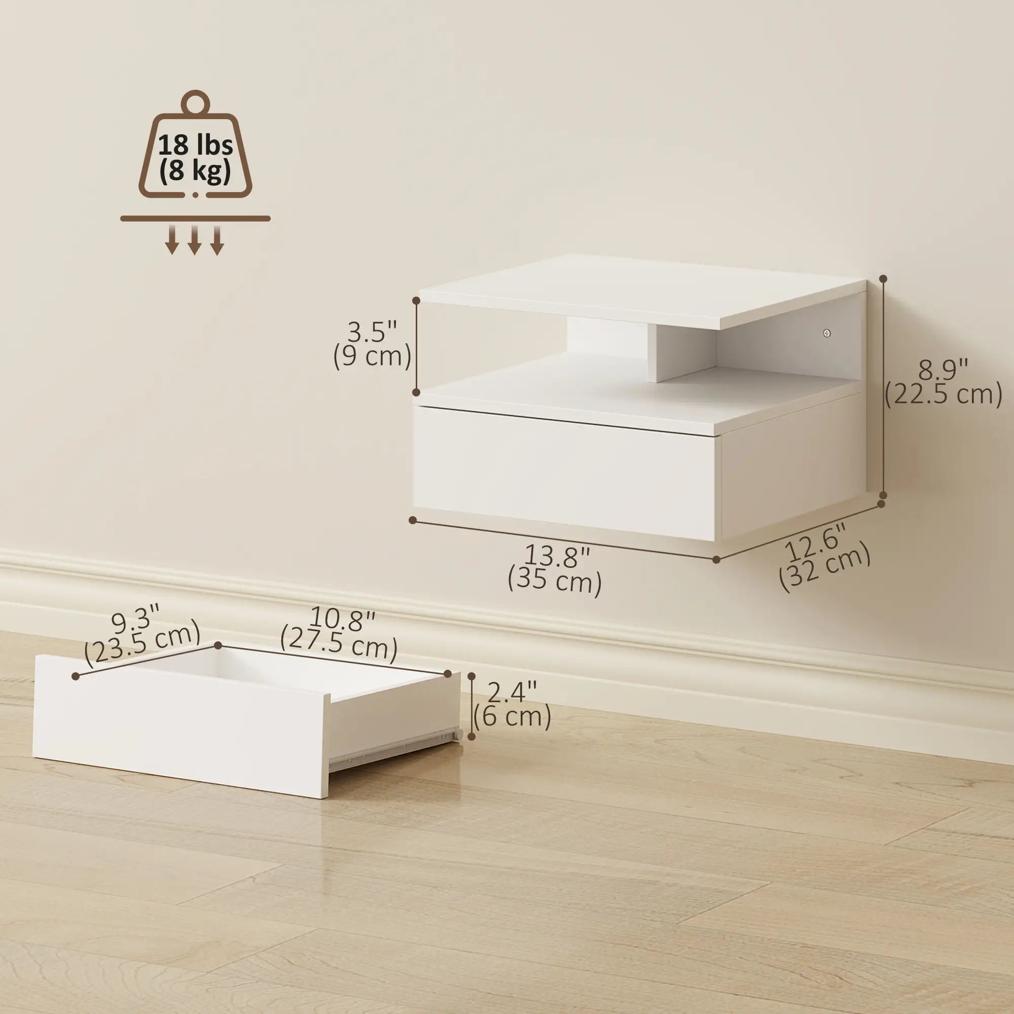 Floating Nightstand Set of 2, Wall Mounted with Drawer, White Bedside Tables at Gallery Canada