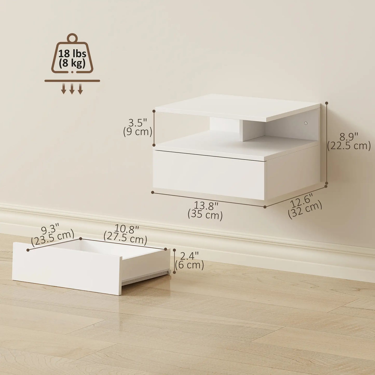 Floating Nightstand Set of 2, Wall Mounted with Drawer, White Bedside Tables at Gallery Canada