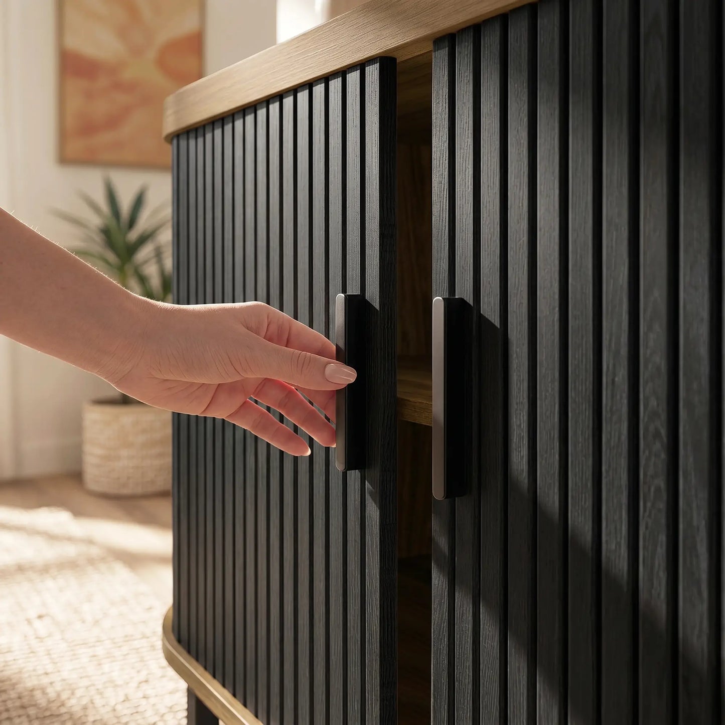 Wood Grain Sideboard With Curved Tambour Doors, Brown Storage Cabinets at Gallery Canada