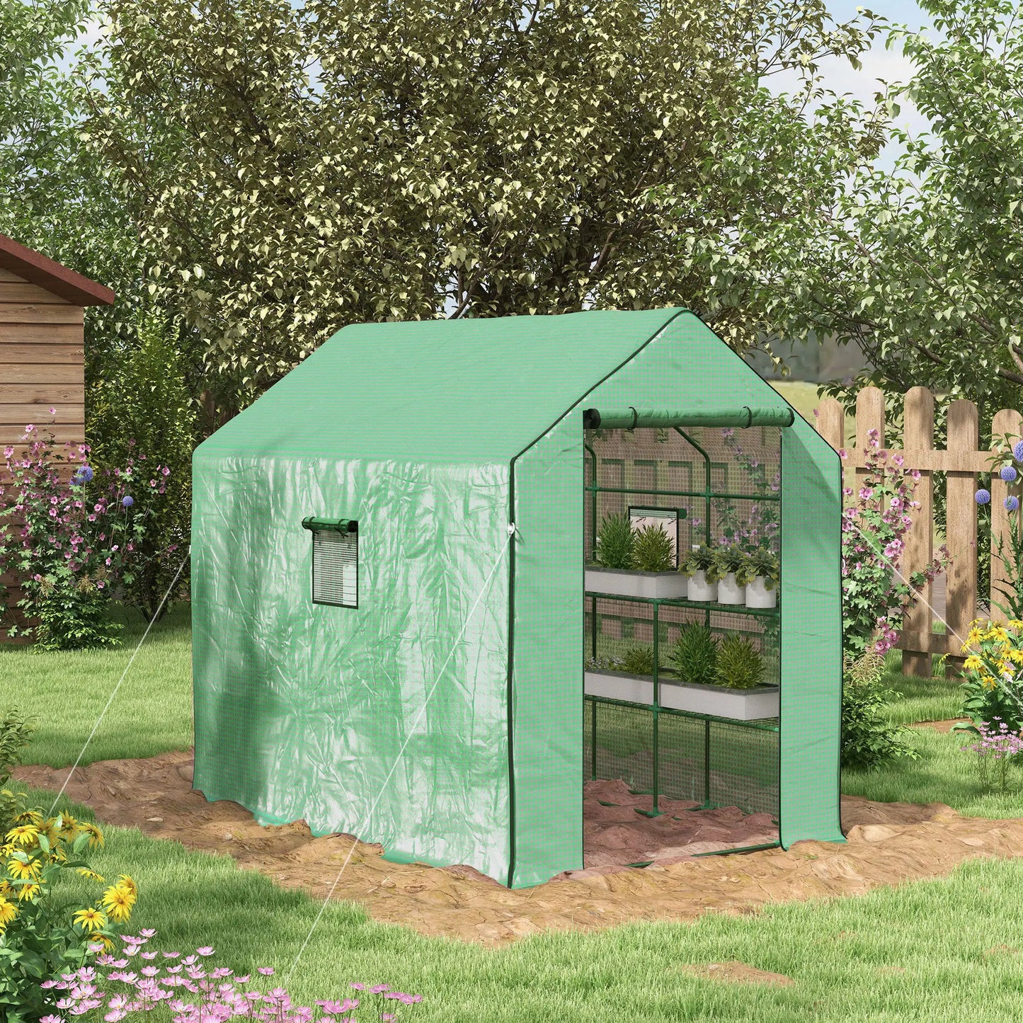 Walk-in Greenhouse, 3 Tier, Roll-up Door, Mesh Windows, 140 x 213 x 190 cm, Green Walk In Greenhouses at Gallery Canada