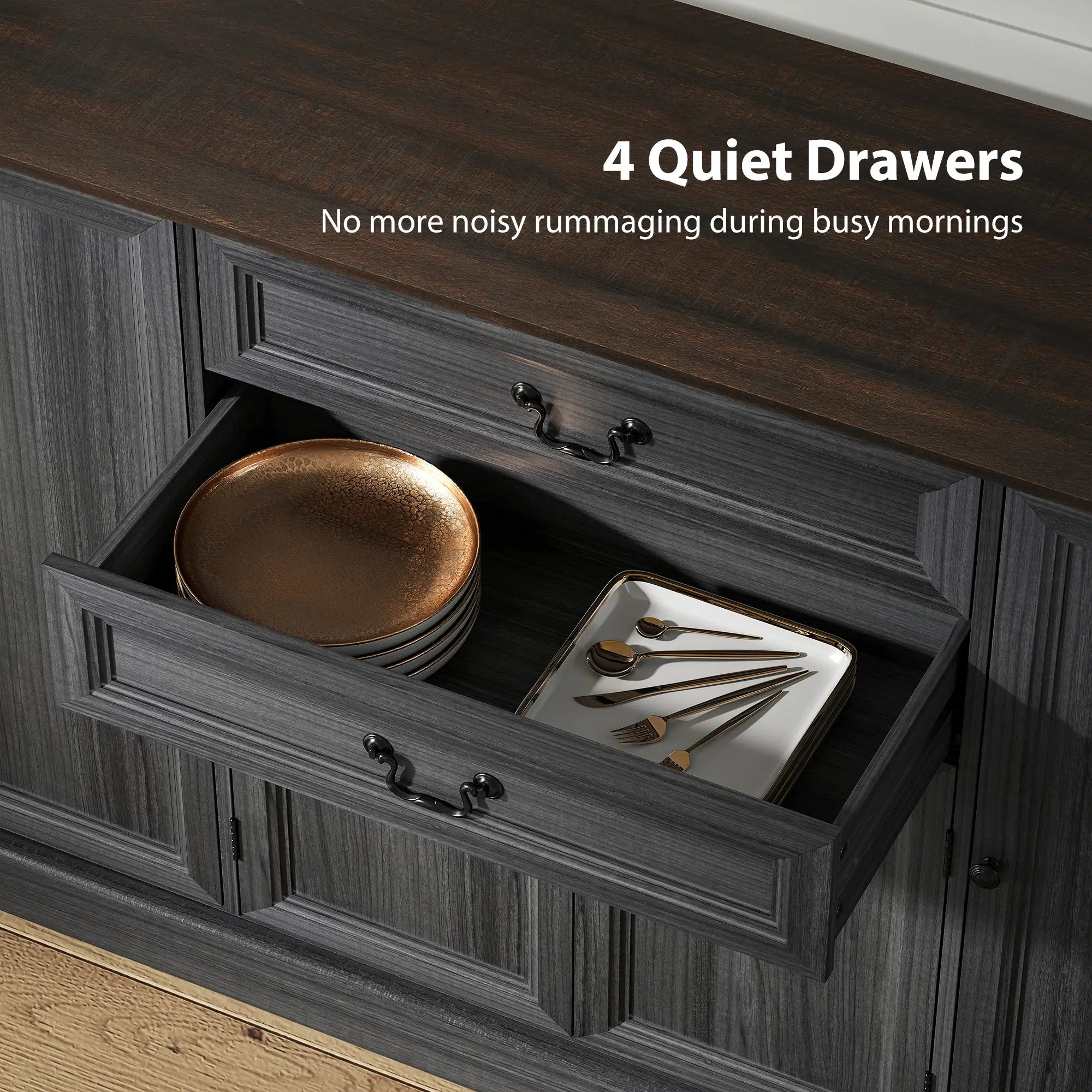 Farmhouse Sideboard with Charging Station, 58 Inch Buffet Cabinet, 2 Soft Close Drawers, Black Storage Cabinets at Gallery Canada