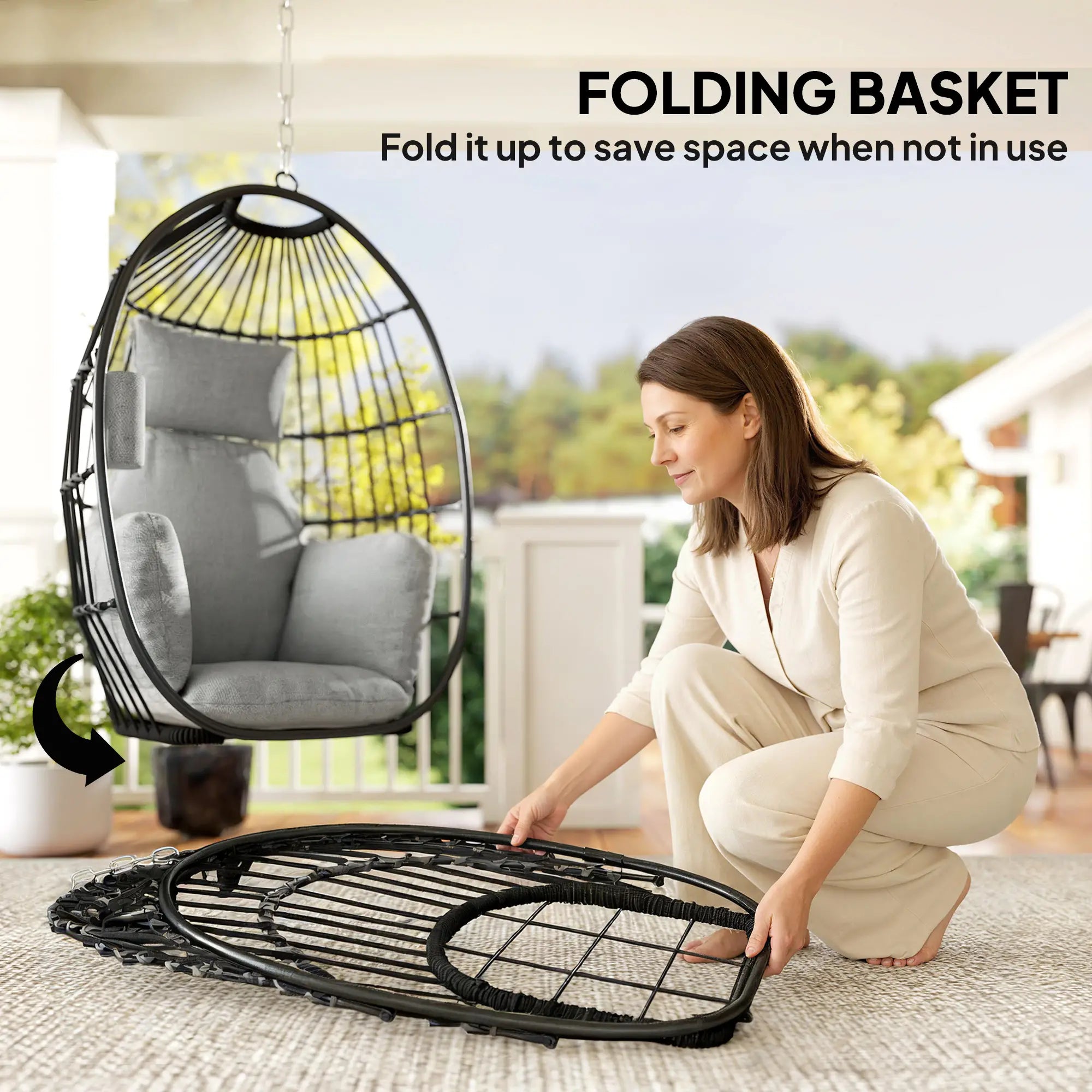 Foldable Hanging Egg Chair, With Head Pillow And Cup Holder, Dark Grey Hanging Porch Swings at Gallery Canada