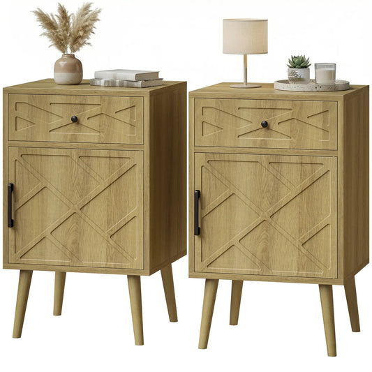 Nightstand Set Of 2, Oak, With Drawer And Cabinet Storage Side Tables Oak at Gallery Canada