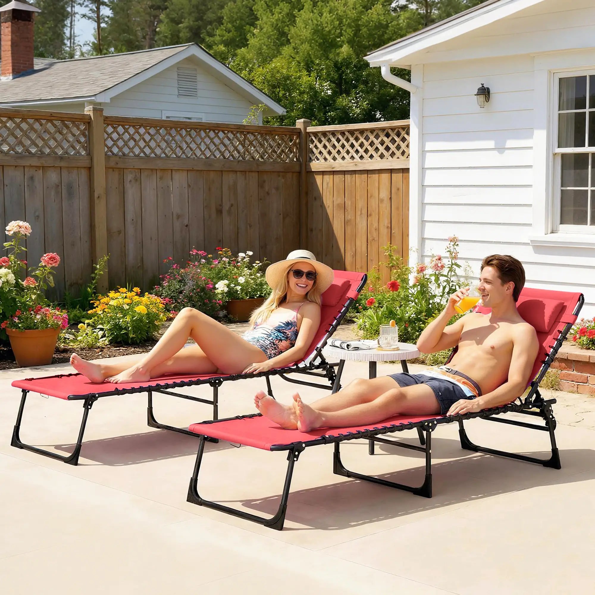 Folding Lounge Chair, Adjustable Chaise With Headrest, Reclining Cot, Wine Red Lounger Chairs at Gallery Canada