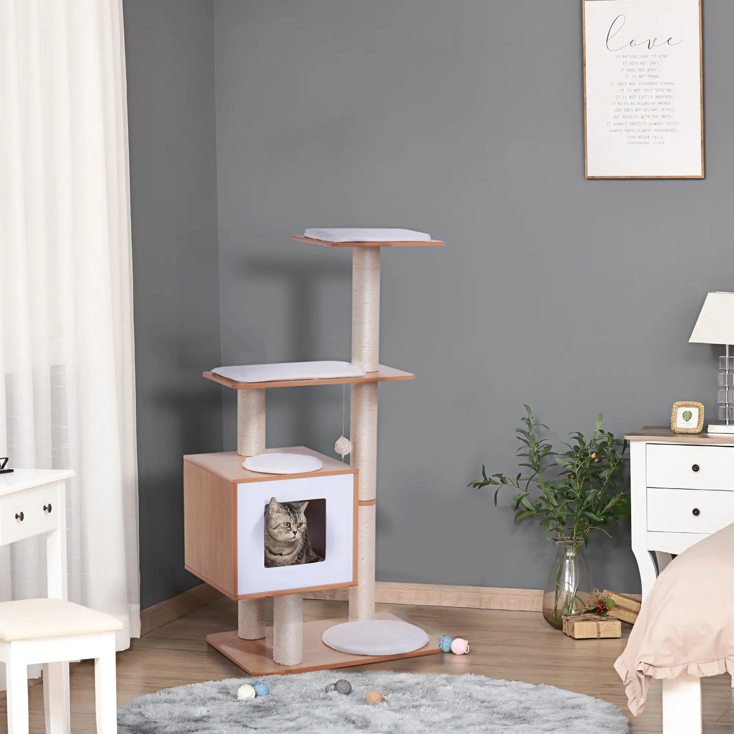 47" Wood Cat Tree, Scratching Post, Kitten House, Condo Cat Posts at Gallery Canada