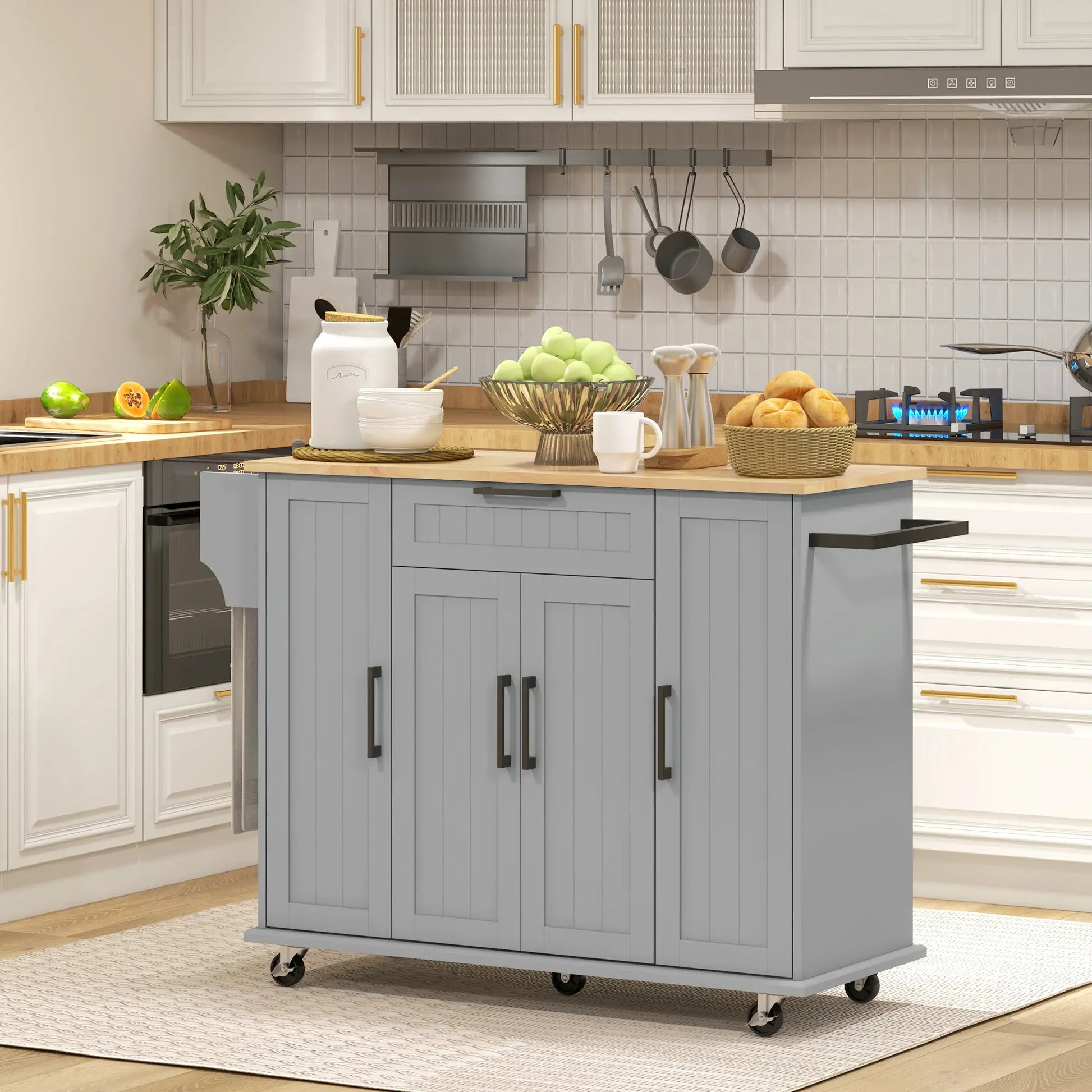 Modern Rolling Kitchen Island Cart, Natural Wood Top, Grey Kitchen Islands & Kitchen Carts at Gallery Canada