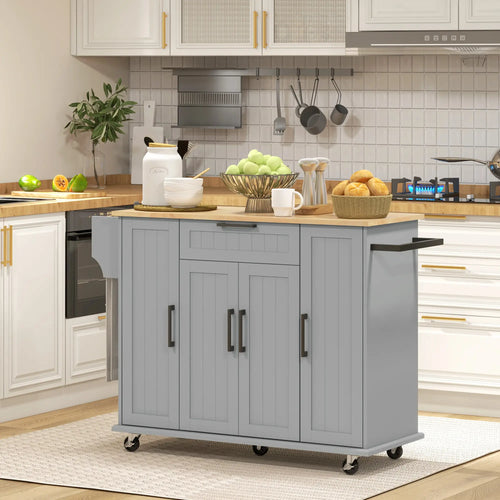 Modern Rolling Kitchen Island Cart, Natural Wood Top, Grey