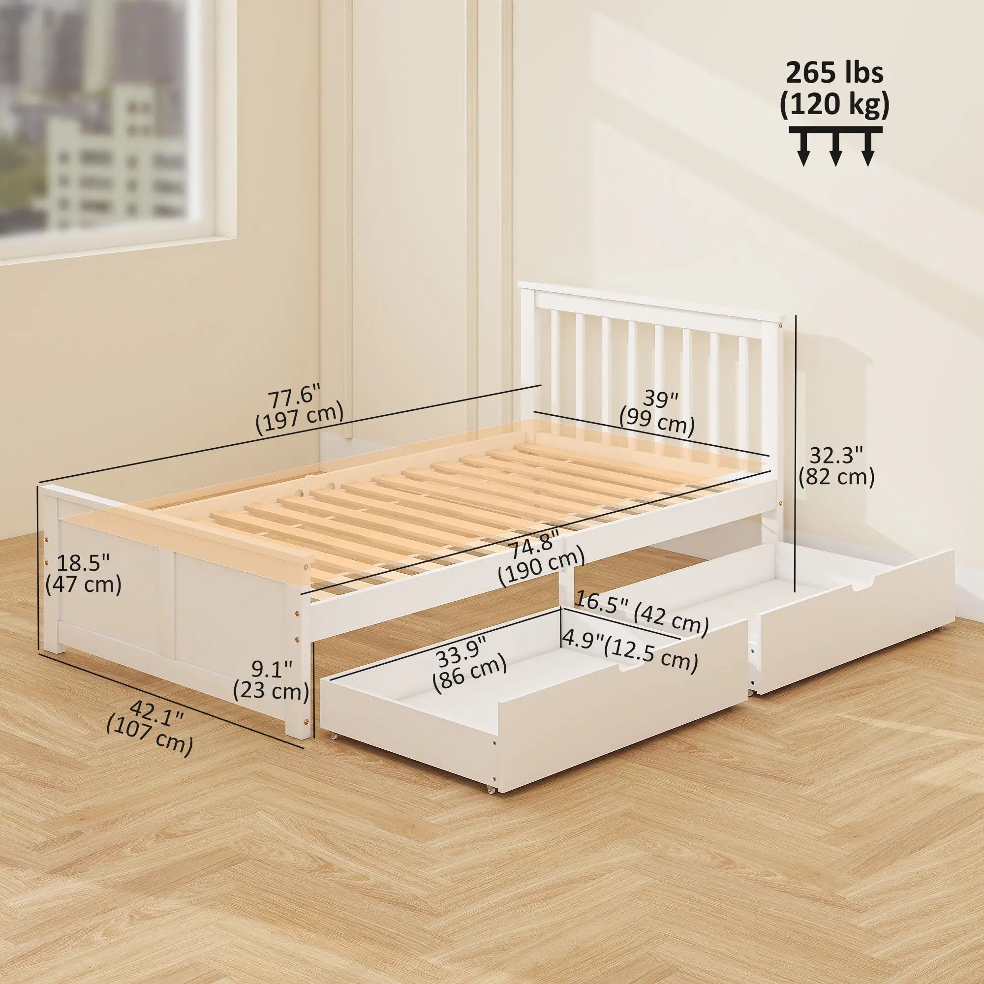 Pine Twin Bed Frame, Wood Storage Drawers, White Bed Frames at Gallery Canada