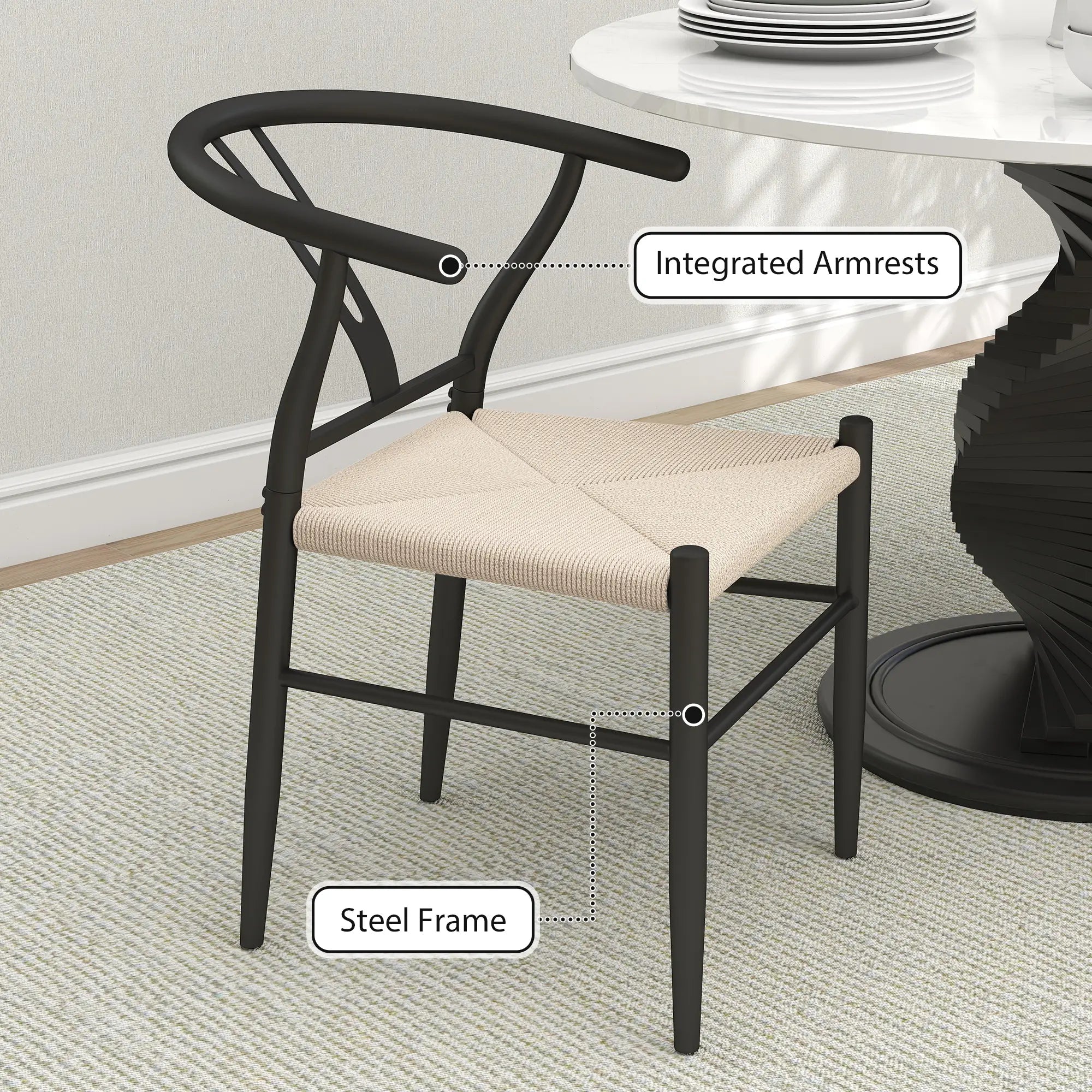 Set of 2 Weave Dining Chairs, Mid-Century Modern, Y-Shaped Backrest, Hemp Seat, Black Dining Chairs at Gallery Canada