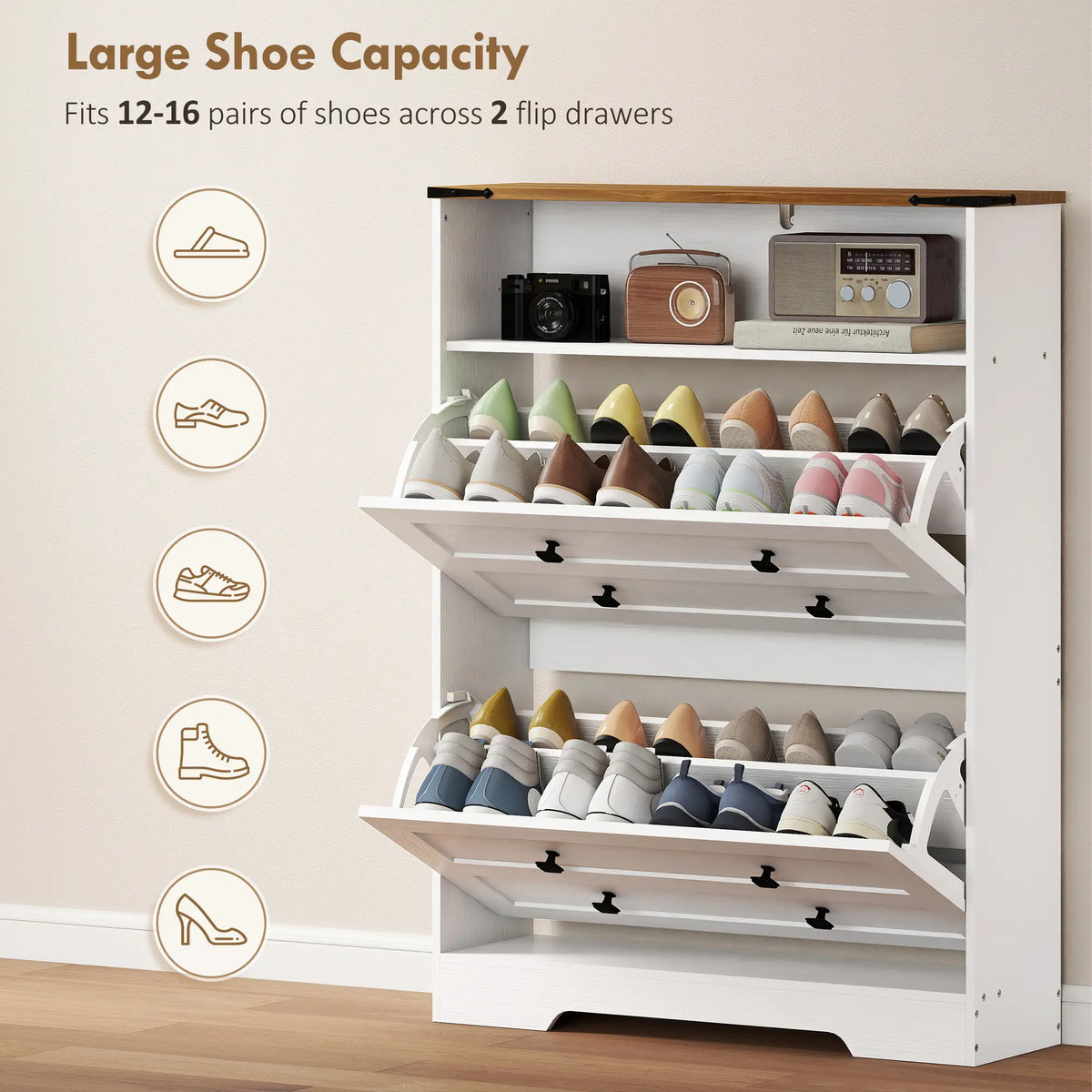 Shoe Cabinet, 2 Flip Drawers, Narrow Storage, White Shoe Storage Cabinets & Racks at Gallery Canada