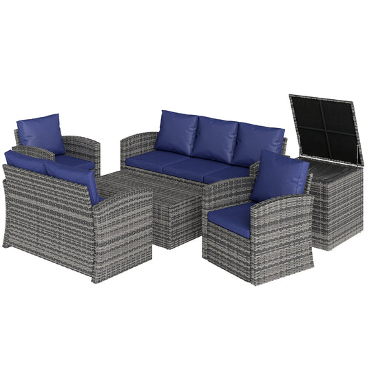 6-Piece Wicker Patio Set with Cushions, 7-Seater Rattan Sofa, Navy Blue Patio Furniture Sets Mixed Grey Rattan, Navy Blue Cushion at Gallery Canada