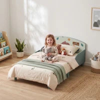 Toddler Bed with Storage, Guard Rails, 132x70x10cm, Green Bear Print