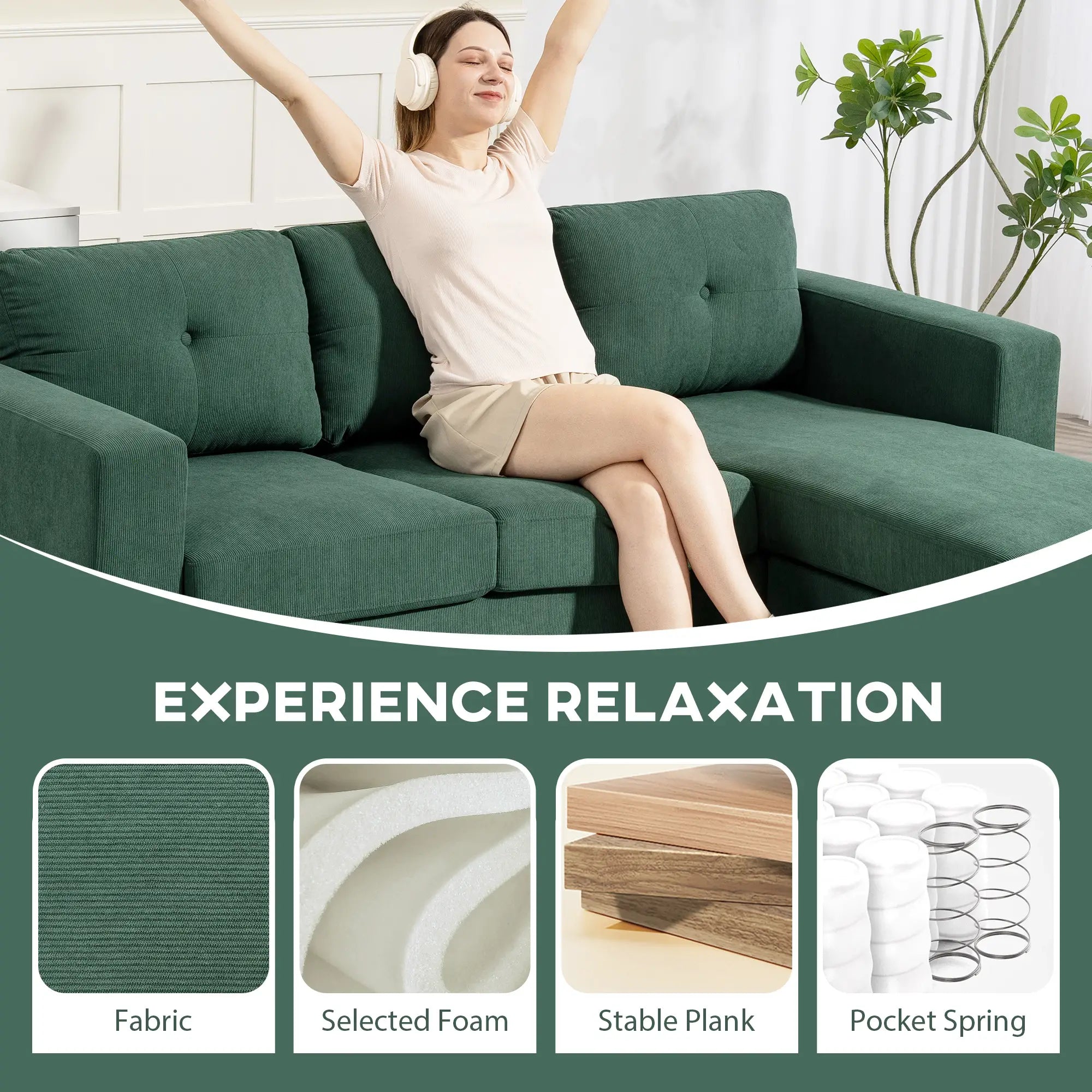 Sectional Sofa with Changeable Chaise, 3 Seat L-Shaped, Dark Green 3-Seater Sofas at Gallery Canada