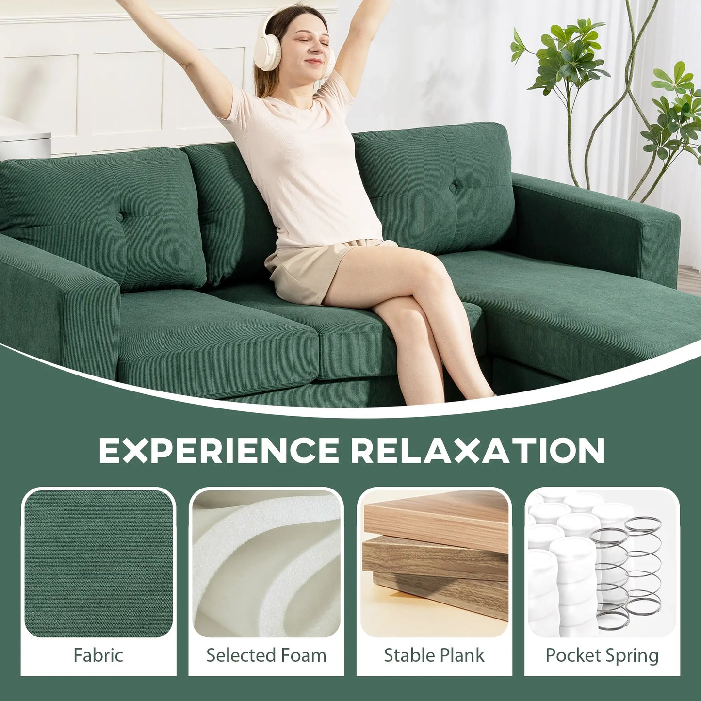 Sectional Sofa with Changeable Chaise, 3 Seat L-Shaped, Dark Green 3-Seater Sofas at Gallery Canada