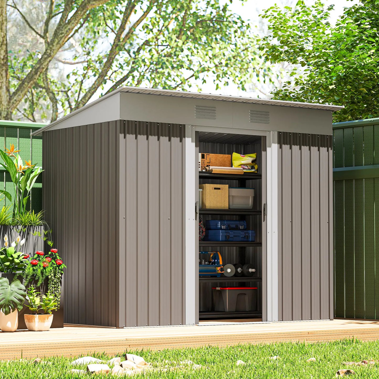 7' x 4' Outdoor Storage Shed, Metal Garden Tool Organizer, Light Grey Sheds at Gallery Canada