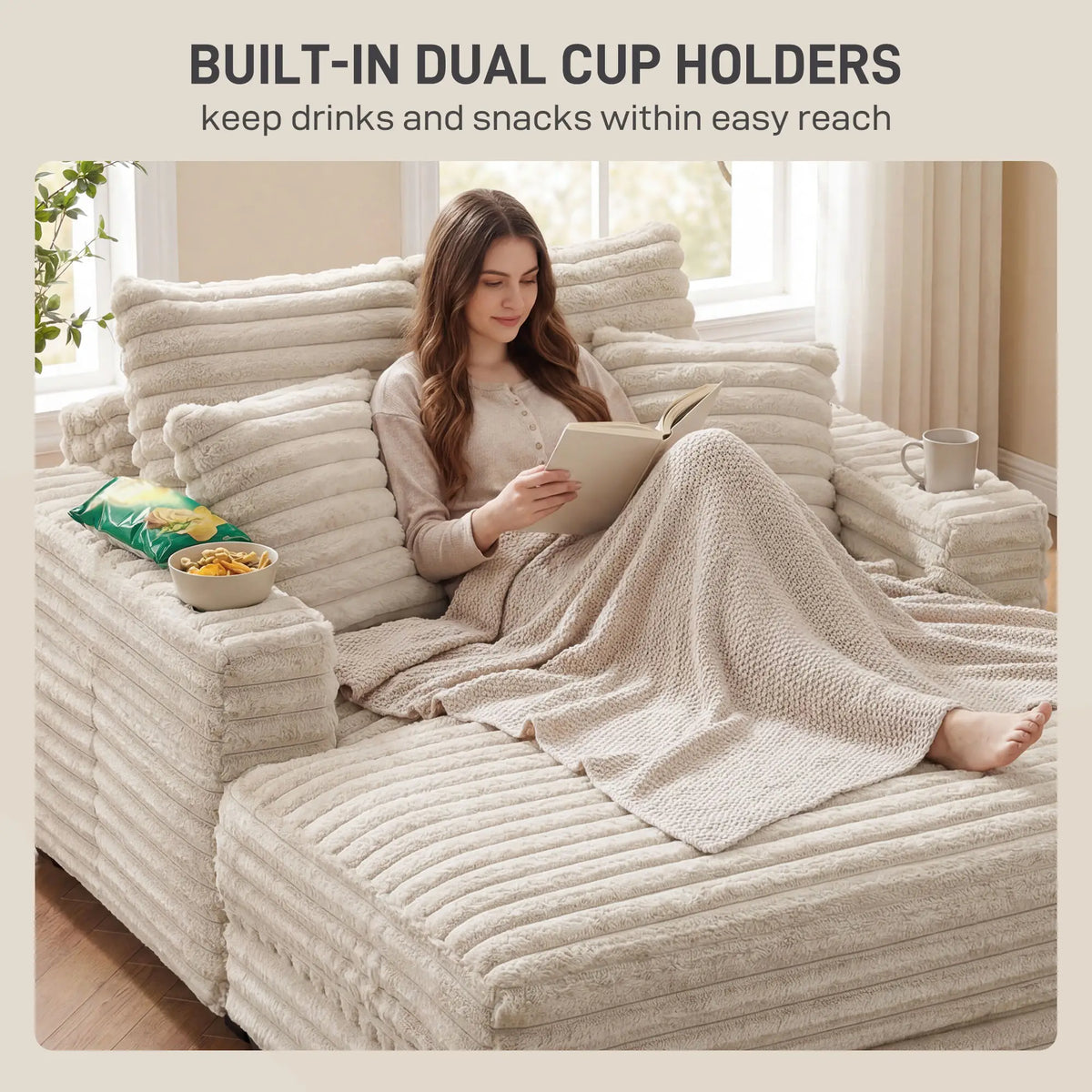 60" Chaise Lounge Chair, Upholstered Sofa Bed With Cup Holders, Beige Sofas & Reclining Chairs at Gallery Canada