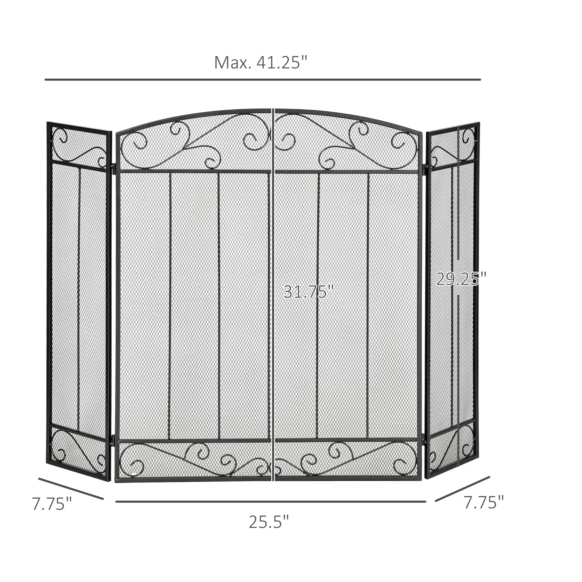 3-Panel Folding Fireplace Screen, Steel Mesh, Decorative Vine Pattern, 41.25
