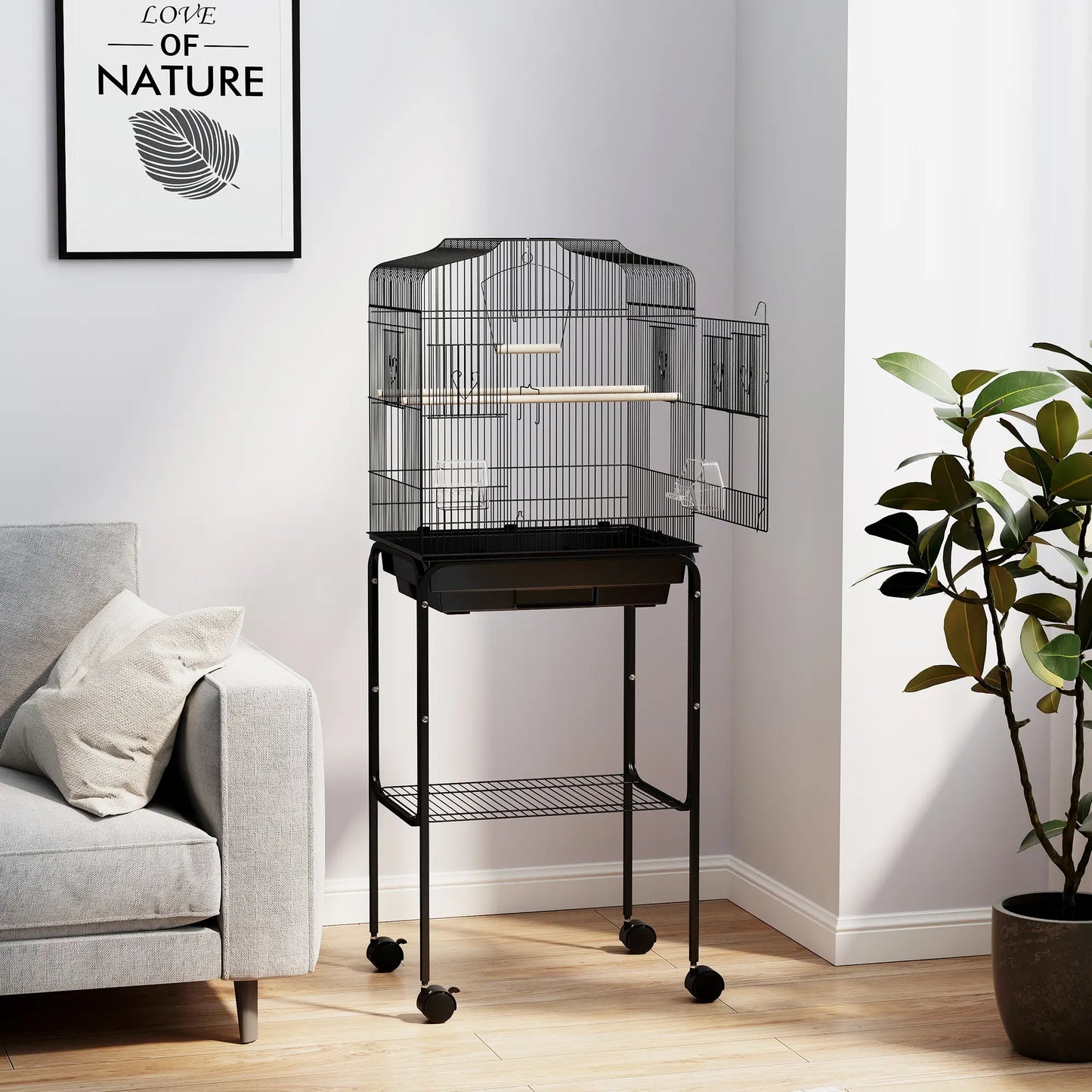 49" Rolling Bird Cage, Cockatoo House, Play Top, Storage Shelf, Wheels, Black Bird Cages at Gallery Canada