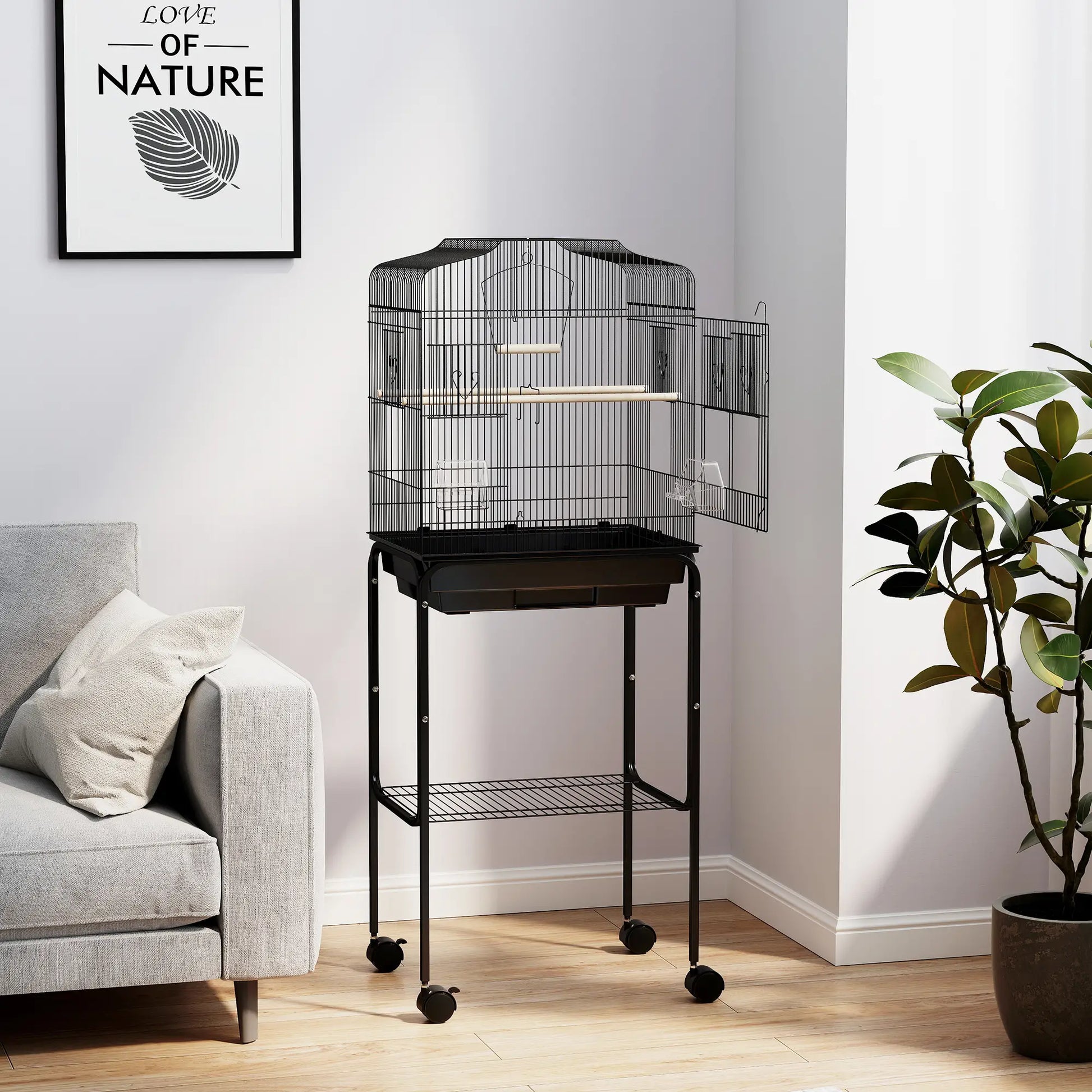 49" Rolling Bird Cage, Cockatoo House, Play Top, Storage Shelf, Wheels, Black Bird Cages at Gallery Canada