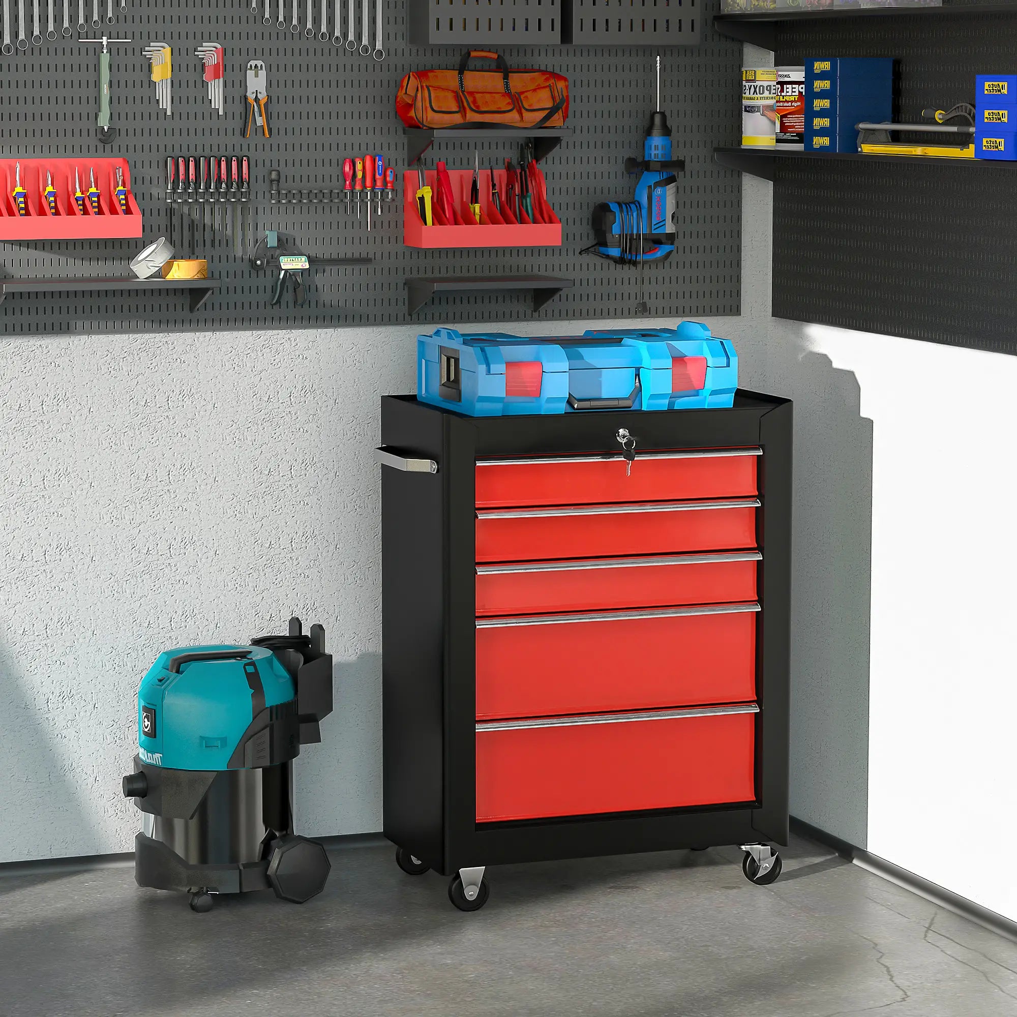 5-Drawer Rolling Tool Chest, Lockable Tool Cabinet, 4 Wheels, Black, Red Tool Organizers at Gallery Canada