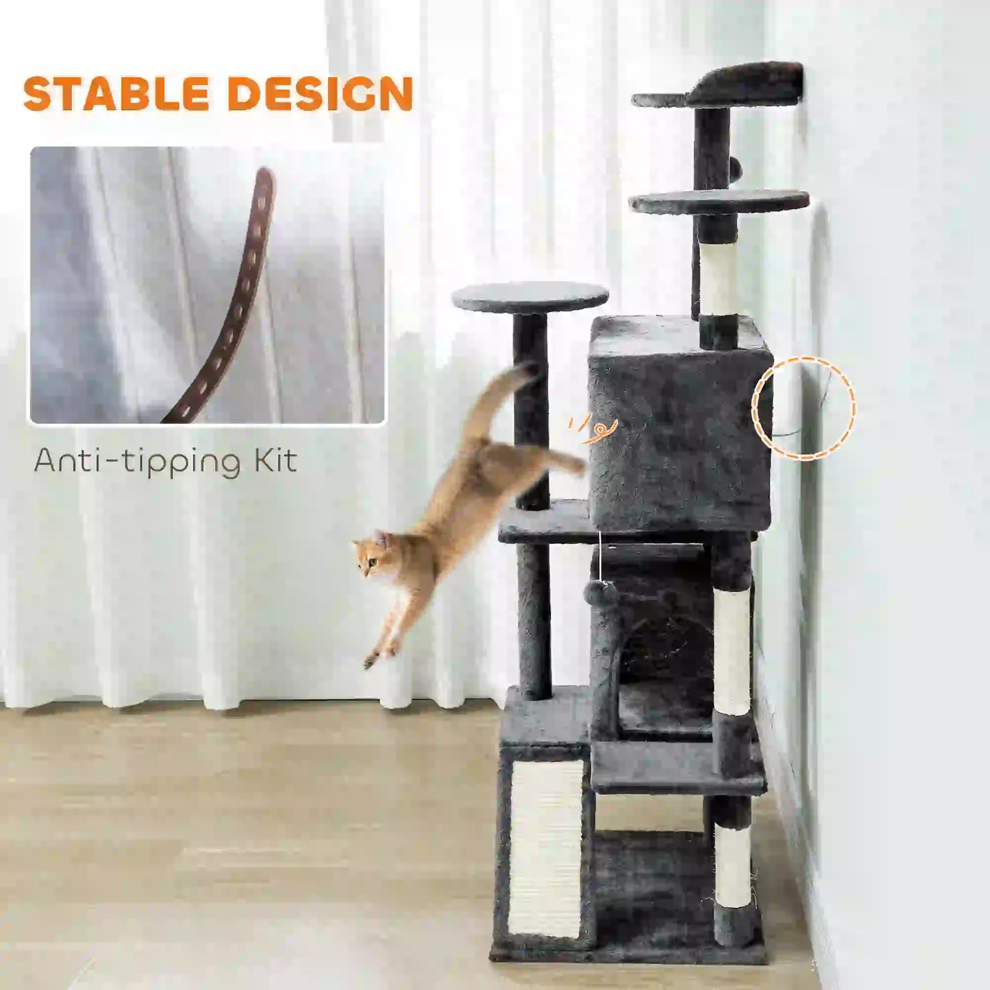 63" Cat Tree, Multi-Level Cat Tower, Scratching Posts, Dark Grey