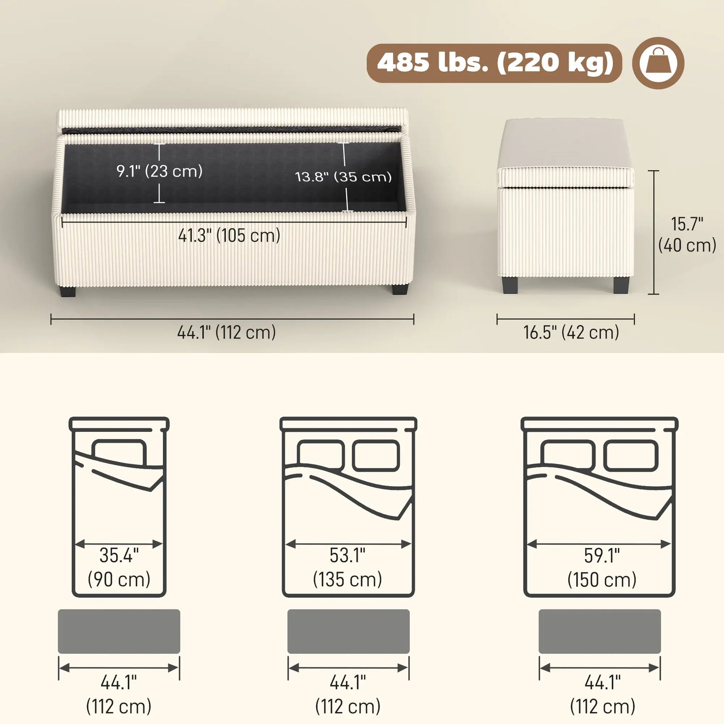 44 Inches Ottoman with Storage, Lid, Legs, Corduroy Bench, Beige Storage Ottomans & Benches at Gallery Canada