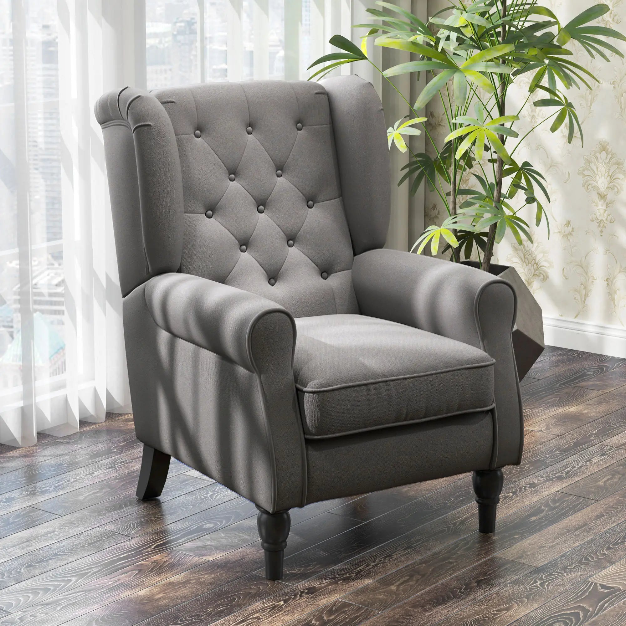Fabric Accent Chair, Button Tufted, Wood Legs, Thick Padding, Charcoal Grey Accent Chairs at Gallery Canada