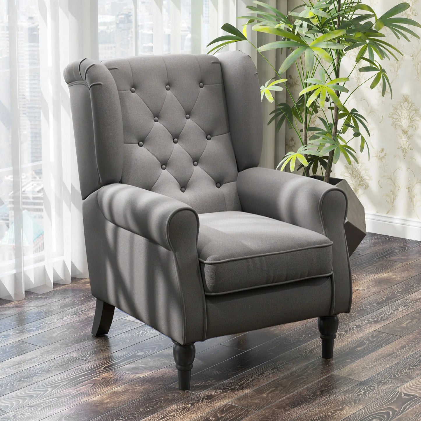 Fabric Accent Chair, Button Tufted, Wood Legs, Thick Padding, Charcoal Grey Accent Chairs at Gallery Canada