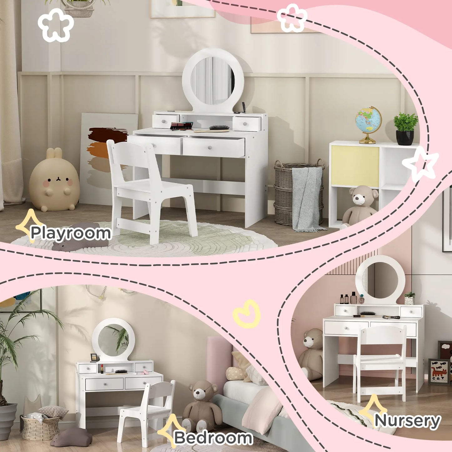 Kids Vanity Set, Makeup Table with Mirror, Stool, Drawers, White Toy Vanity at Gallery Canada