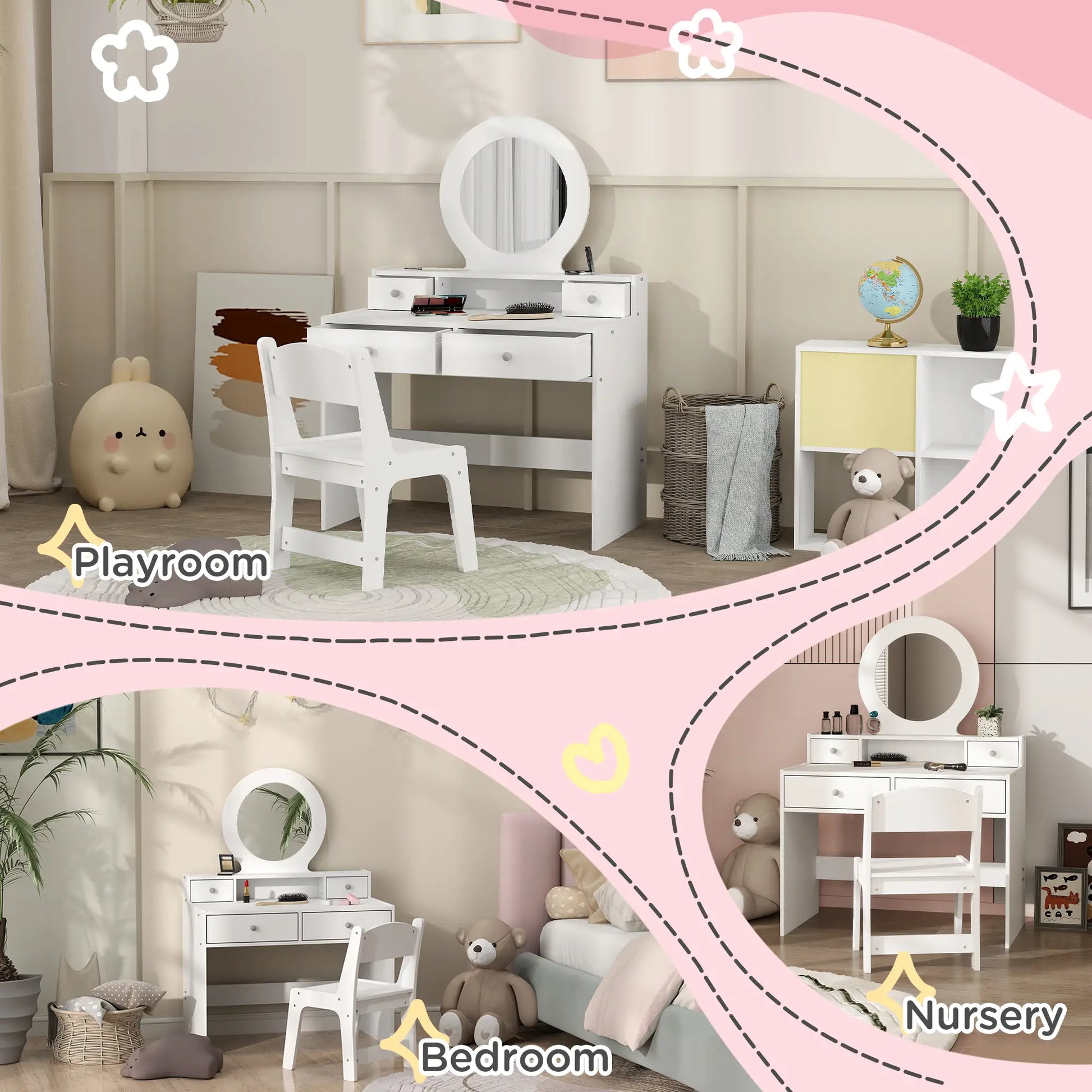 Kids Vanity Set, Makeup Table with Mirror, Stool, Drawers, White Toy Vanity at Gallery Canada