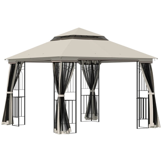 Gazebo à toit souple 10'x10', toit à double étage, rideaux en maille, beige