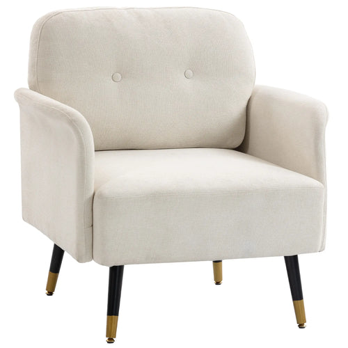 Modern Tufted Accent Chair, Metal Legs, Upholstered Reading Armchair, Cream White
