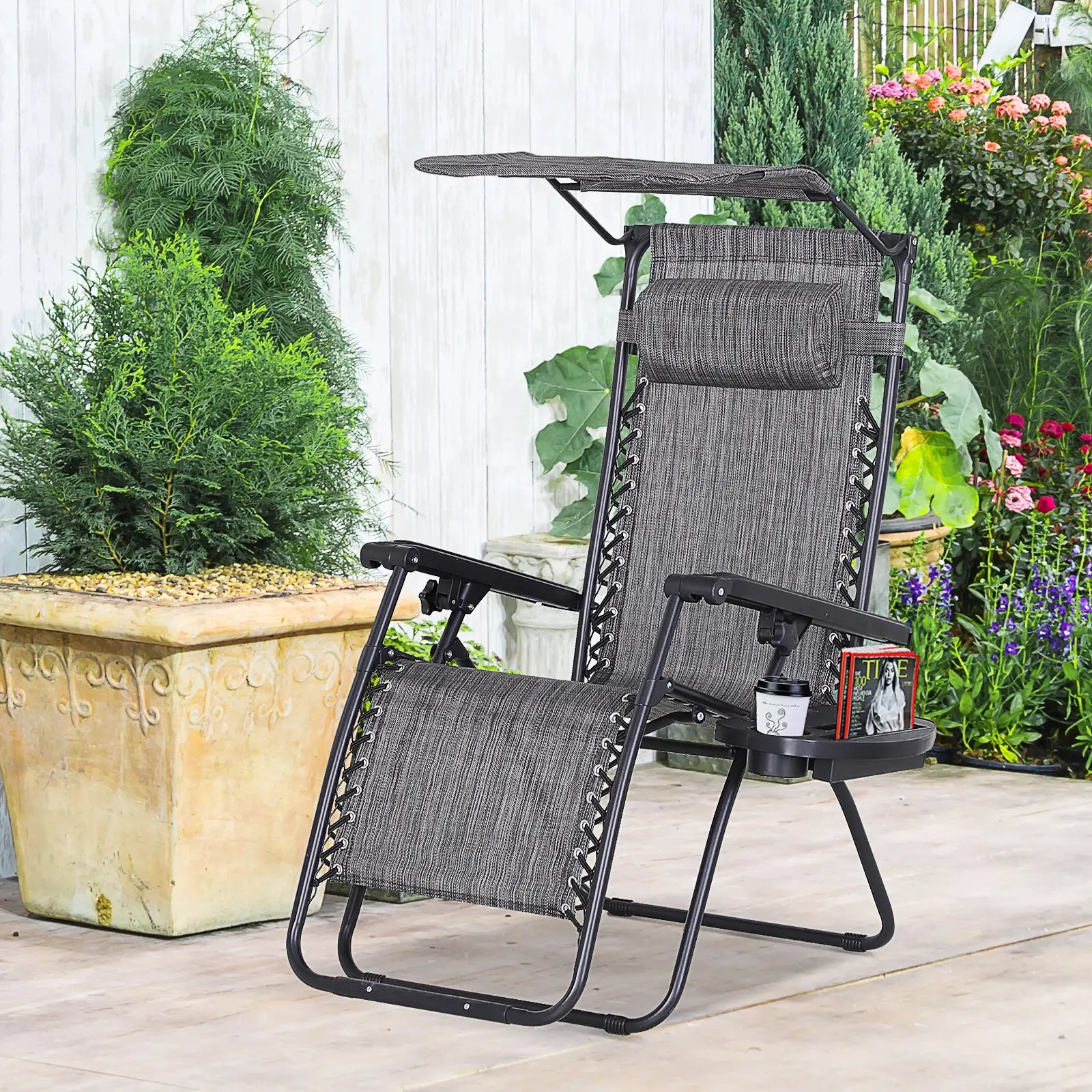 Zero Gravity Reclining Lounger Chair, Canopy Shade, Side Tray, Dark Grey Lounger Chairs at Gallery Canada