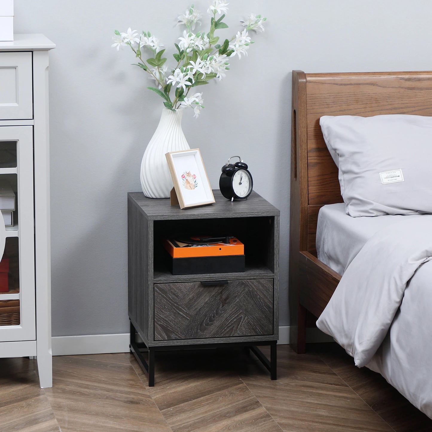 Modern Bedside Table with Drawer, Open Shelf, Dark Grey Bedside Tables at Gallery Canada