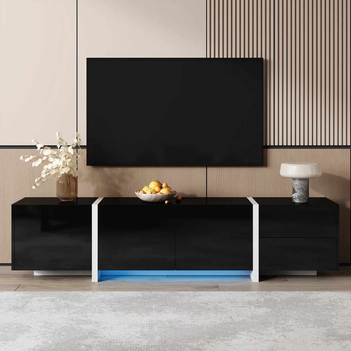 TV Cabinet, High Gloss Finish, LED Light, 67" L x 11.5" W x 11.5" H, Black TV Stands at Gallery Canada